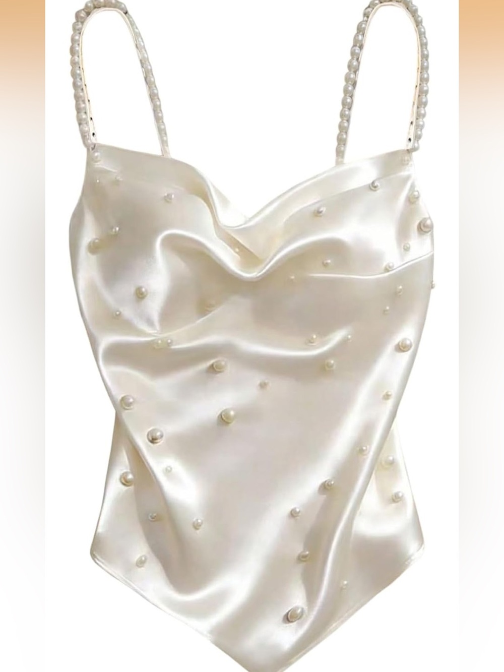 Ivory Satin Pearl-Embellished Cowl Neck Cami